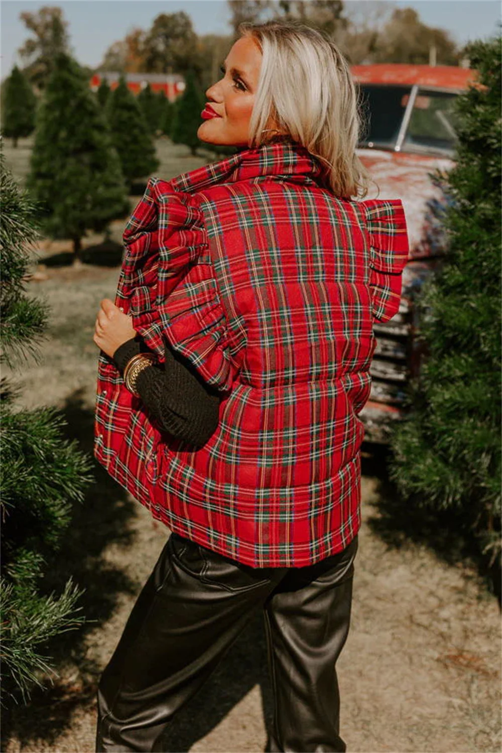 Women Red Plaid Printed Ruffles Pleated Flying Sleeve Vest Autumn Winter Stand Collar Sleeveless Pockets Waistcoat Outwear