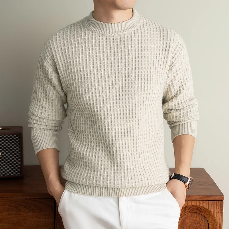 Personality fashion checkered jacquard knitted sweater men's new thickened warm comfort round neck casual solid color pullover