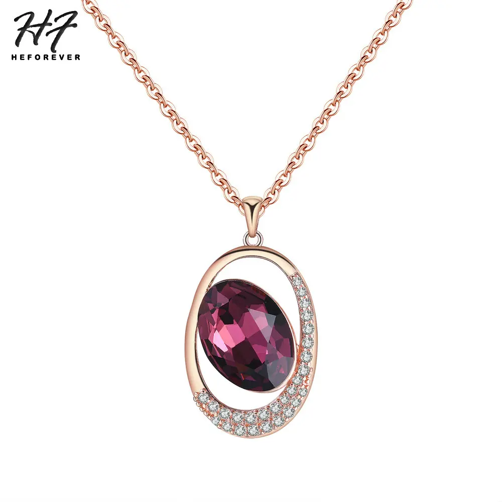 Noble Oval Purple Crystal Wedding Necklace For Women Hollow Out Cubic Zirconia Rose Gold Color Engagement Fashion Jewelry N441