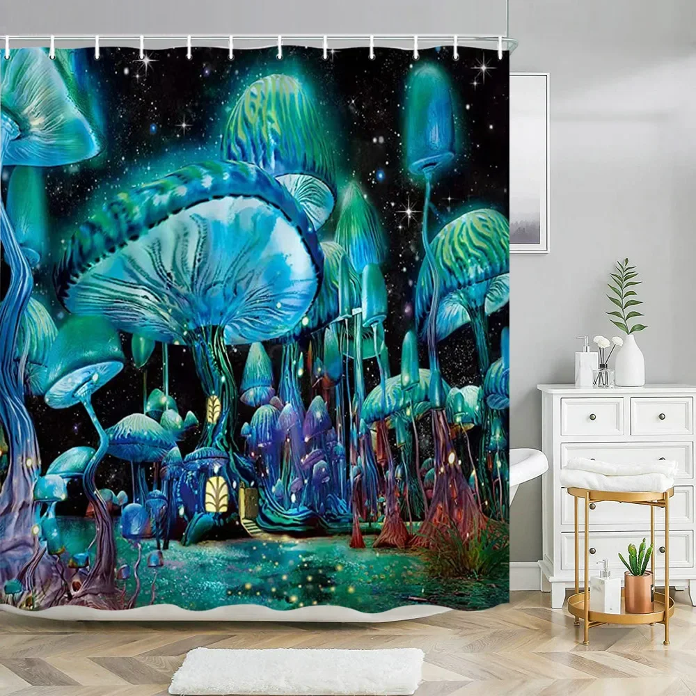 Fantasy Mushroom Shower Curtains Fairy Forest Tree Gothic Panel Jungle Green Zen River Bathroom Decor Shower Curtain With Hooks