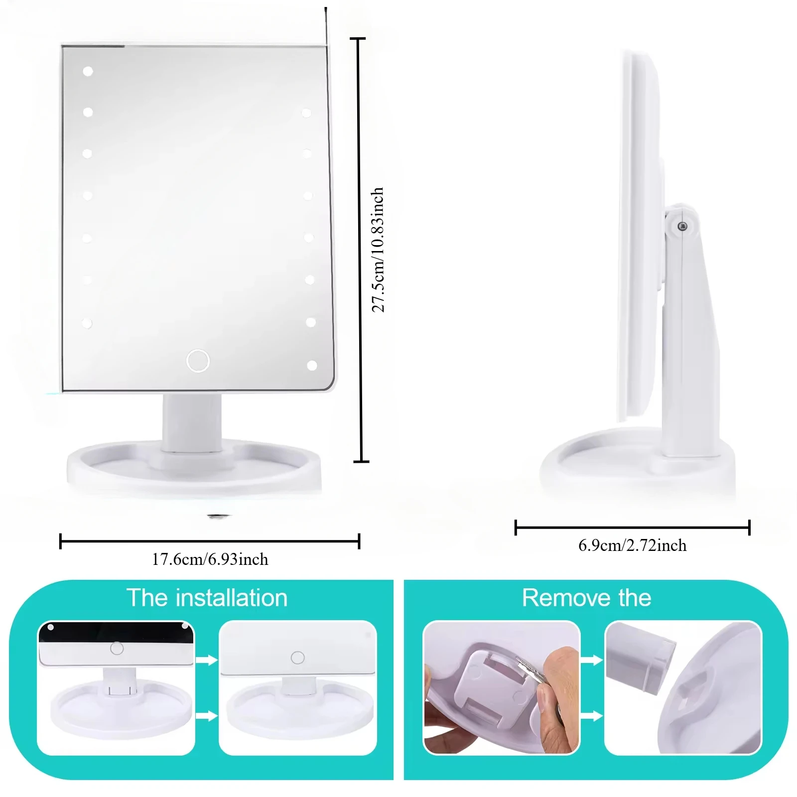 Espelho de maquiagem iluminado quadrado com luzes LED ajustáveis e suporte organizador para cosméticos, quarto e banheiro