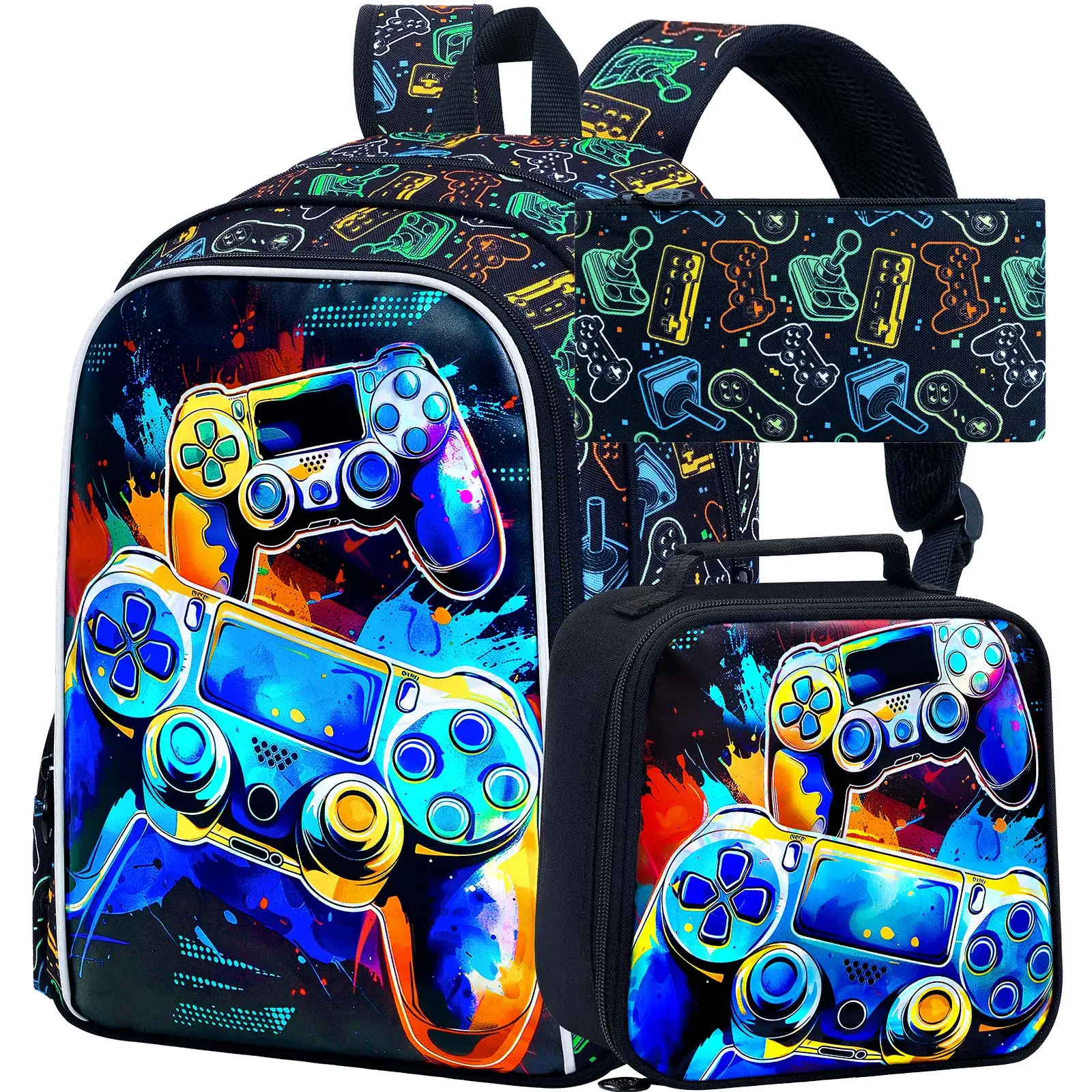 

3PCS Boys Backpack,16 "Kids Game console Bookbag with Lunch Box, School Bag for Elementary Toddler