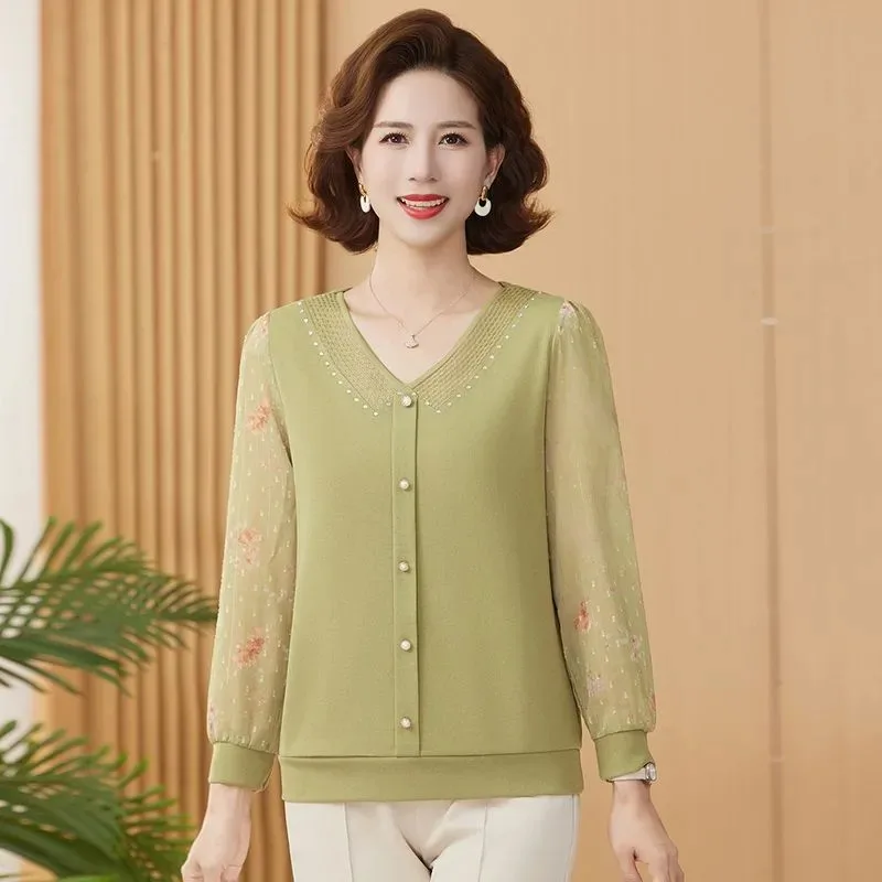 

Women's Elegant V Neck Patchwork Blouse Green Floral Print Chiffon Sleeve Top