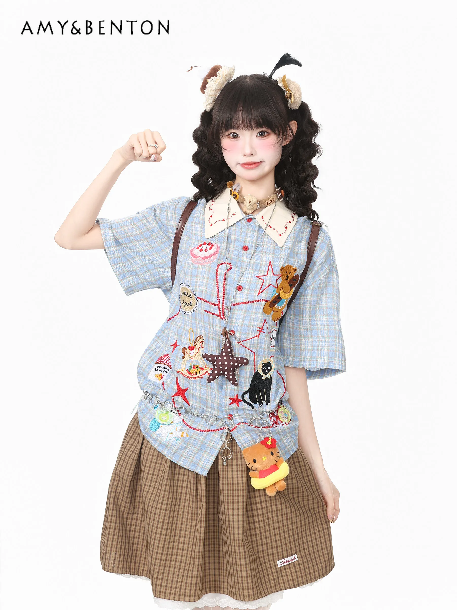 

Summer New Women Blue Plaid Lapel Short Sleeve Shirt Cute Star Cartoon Embroidery Casual Loose Daily Wear Fashion Tops for Girls