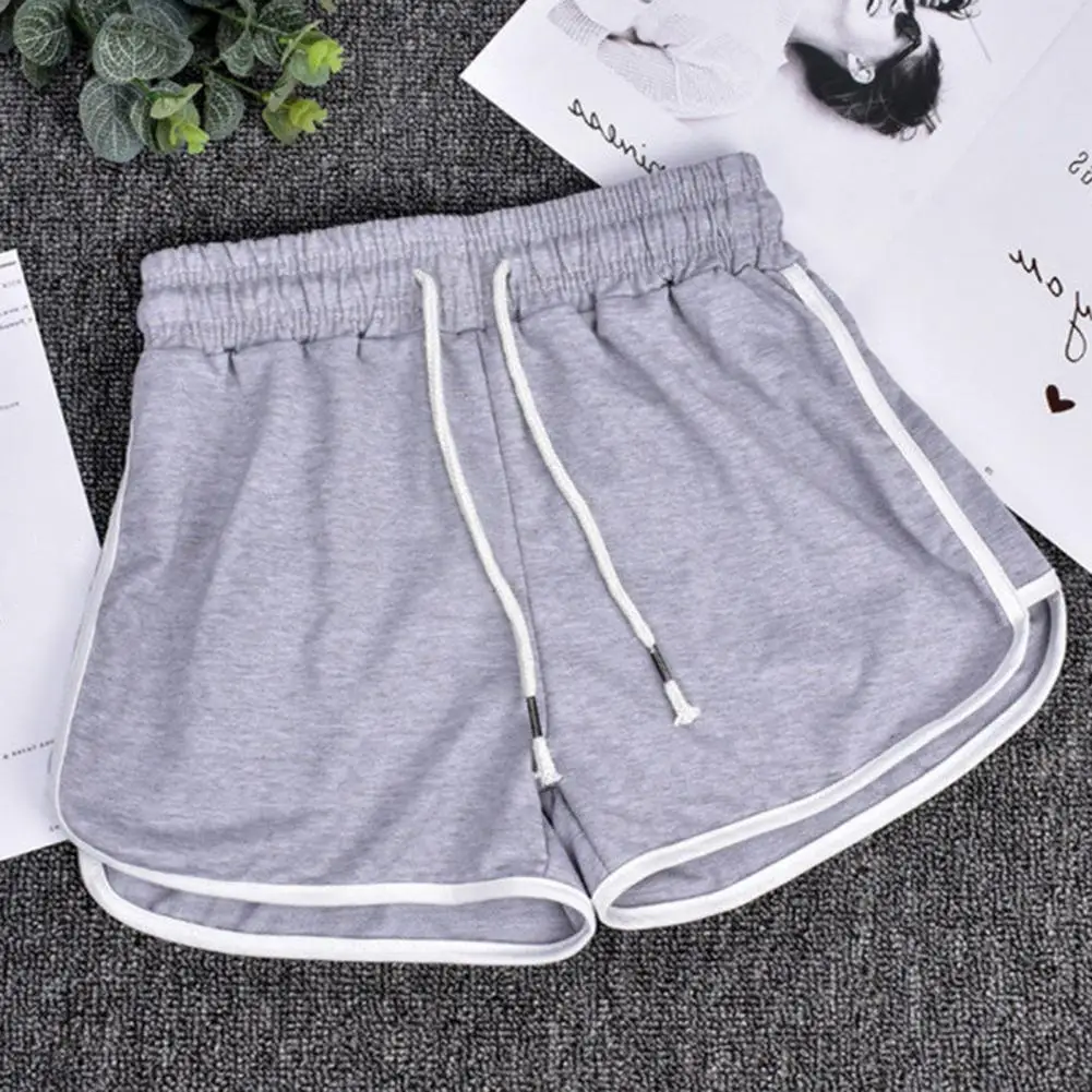 Women Fitness Shorts Summer High Waist Elastic Drawstring Waistband Pockets Sport Shorts Patchwork Color Wide Leg Loose Shorts