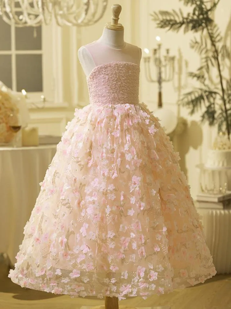 Vestido de noite rosa infantil para piano, vestidos de dama de honra, casamento, aniversário, meninas, A4128