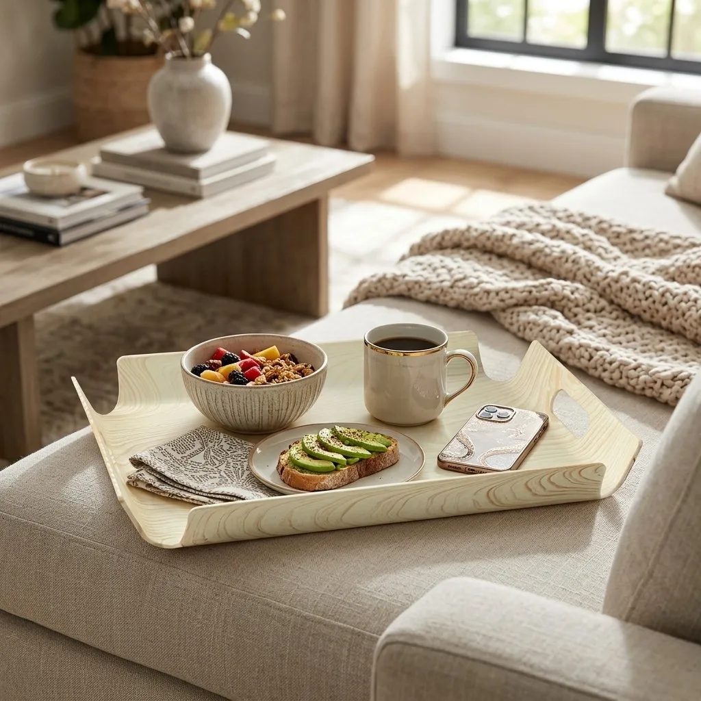 Rectangle Plastic Serving Tray with Handles Wood Grain Food Trays for Fruit Dessert Cake Breakfast Tableware Dishes Raised Edges
