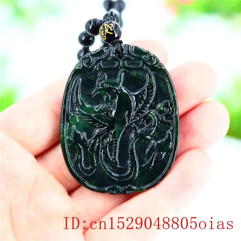 Jade Phoenix Hanger Natuurlijke Geschenken Chinese Charm Amulet Zwart Groen Sieraden Gesneden Ketting