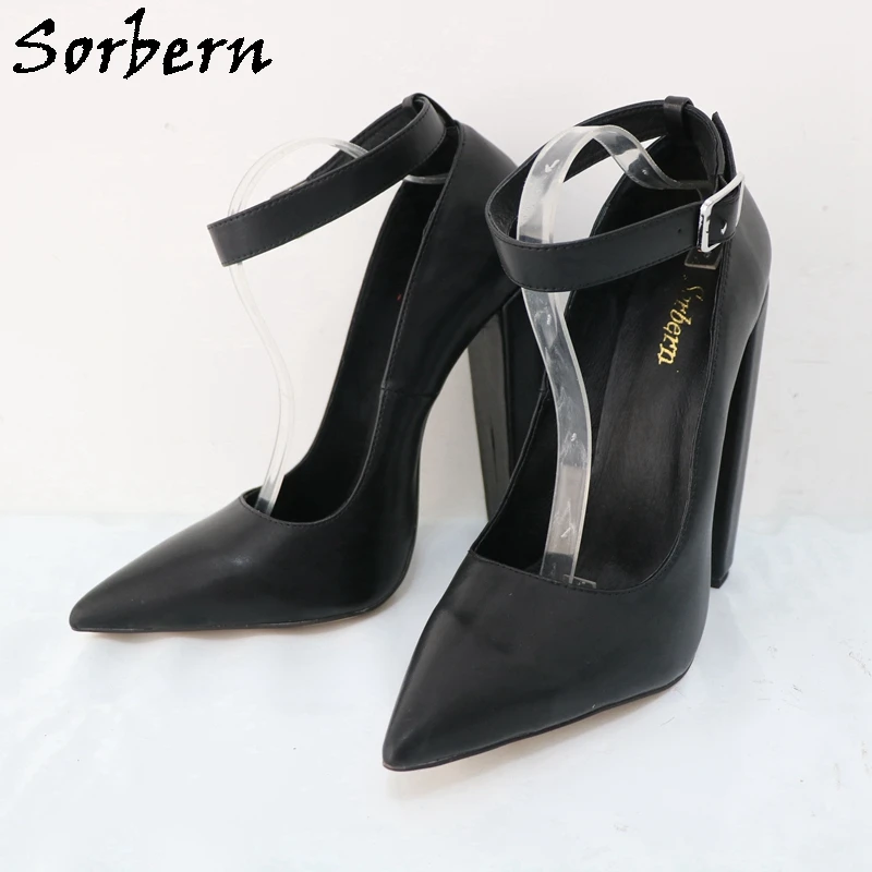 Sorbern Large Size Eu47 Women Pump Shoes Buckle Ankle Strap Pointed Toe Block High Heel Black Matte Custom Colors