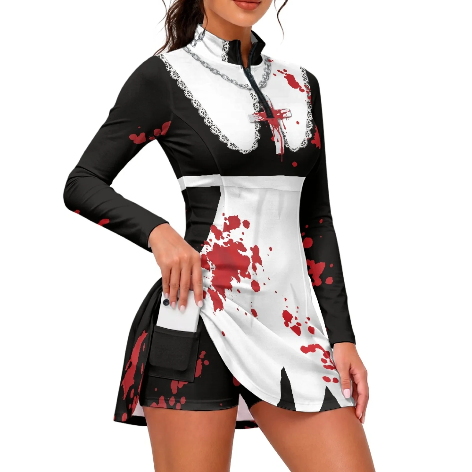 PENSTROLL Red Splash Black Pattern 2 Pieces Women's Long Sleeve Golf Dress with Shorts 1/4 Zip Athletic Dress for Summer Yoga