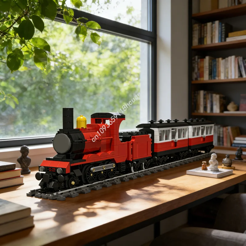 

249 деталей MOC: Поезд «Красный паровоз» Джеймса, пассажирский вагон, конструктор, архитектурная модель, идея для подарка на Рождество, креативный набор