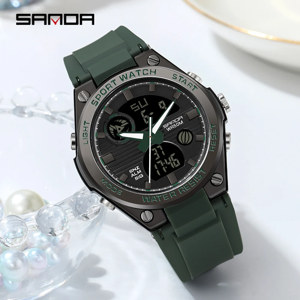 SANDA 6067 ساعة رقمية للنساء معكرون رياضي كرونوغراف التقويم سيدة كوارتز ساعة اليد 50 متر إضاءة مقاومة للماء ساعة إلكترونية