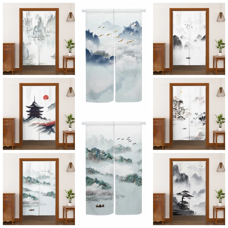 Japanese Noren Door Curtains Landscape Pagoda Pattern Dining Room Partition Linen Doorway Curtain Kitchen Entrance Half Curtains