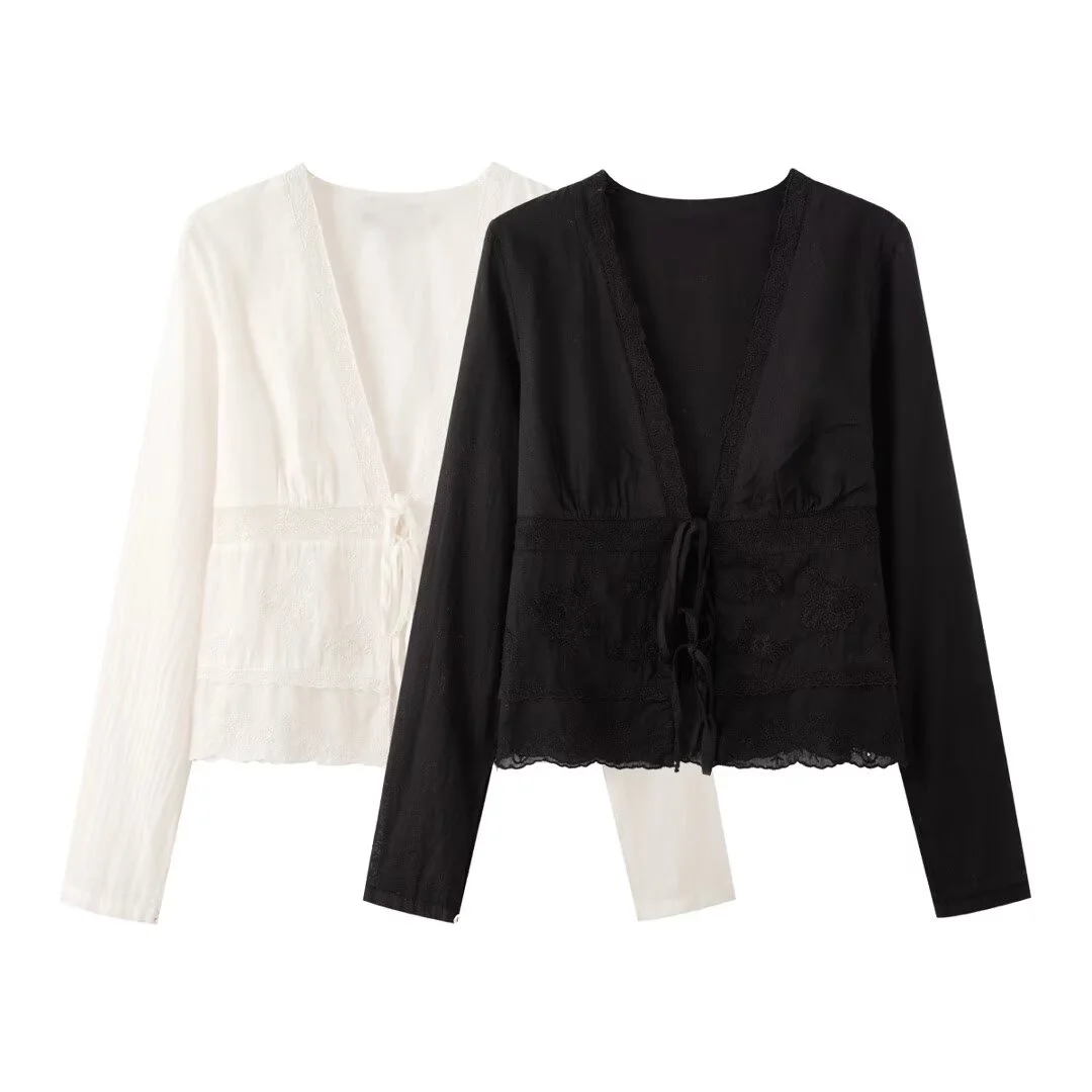 

PB&ZA2025 autumn new women's casual fashion temperament versatile V-neck long-sleeved bow-decorated embroidered shirt top