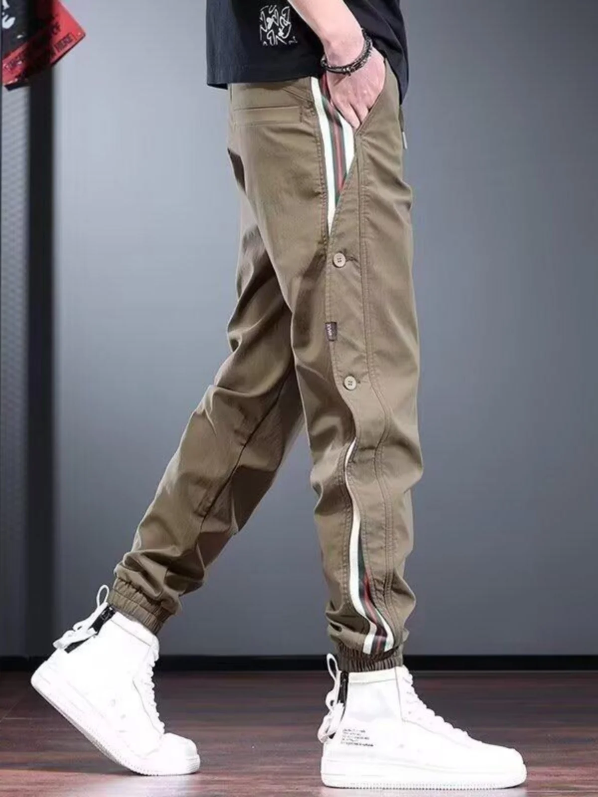 

New 2025 Men's Casual Pants Outdoor Workwear Spring Autumn Stripe Splicing Color Colion Sports Trousers Loose Fit Long Pants