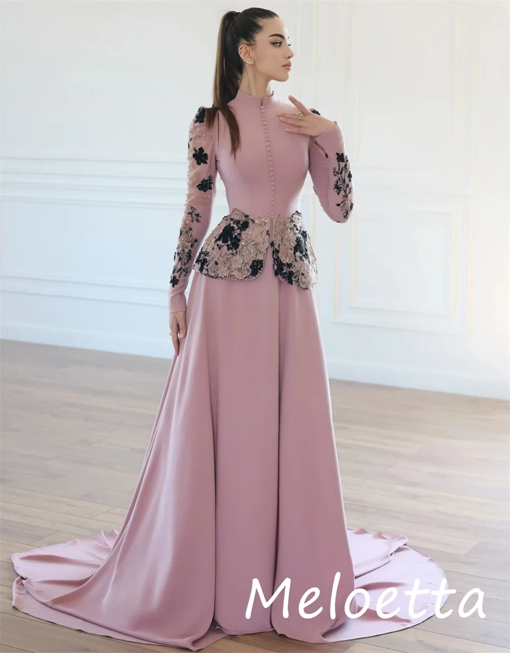 Robes longues personnalisées en Jersey de Style chinois, ligne a, fleurs pailletées, col haut, occasions classiques sur mesure