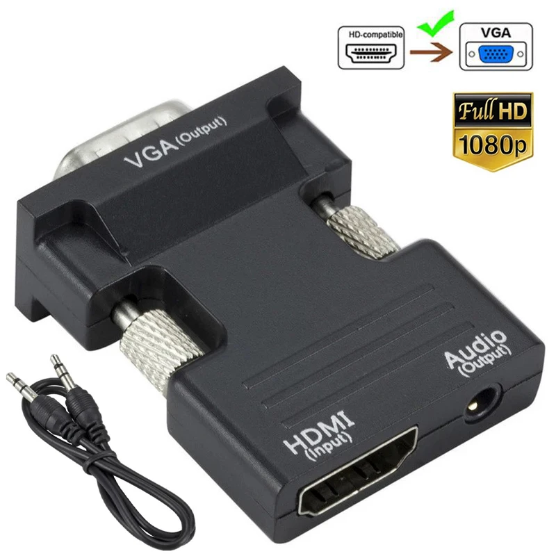 HD 1080P HDMI-compatible to VGA Converter with 3.5mm Adapter Female to Male Converter for PC Laptop TV Box Projector Monitor