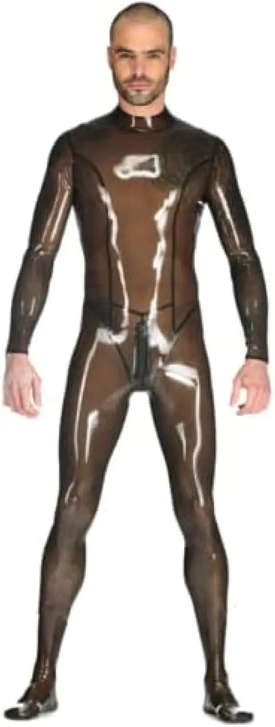 

Transparent Black Latex Rubber Catsuit Men Gummi Bodysuits with Back Crotch Zipper