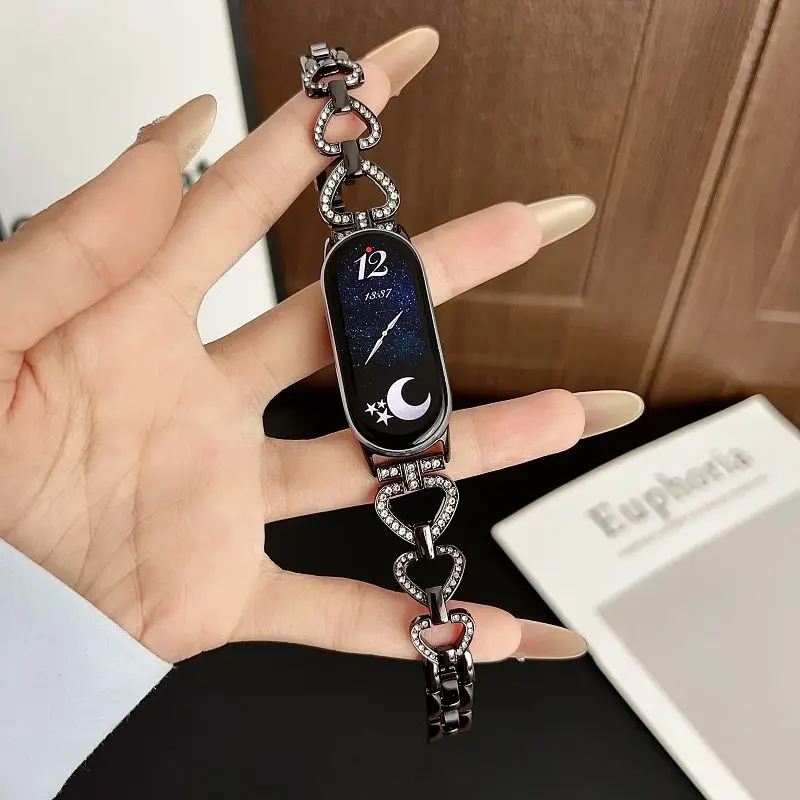 

Jewelry Diamond Metal Strap for Xiaomi Mi Band 10 9 8 Bracelet Heart Shaped Wristband for Mi Band 8 9Pro Redmi Watch 6 5 Correa