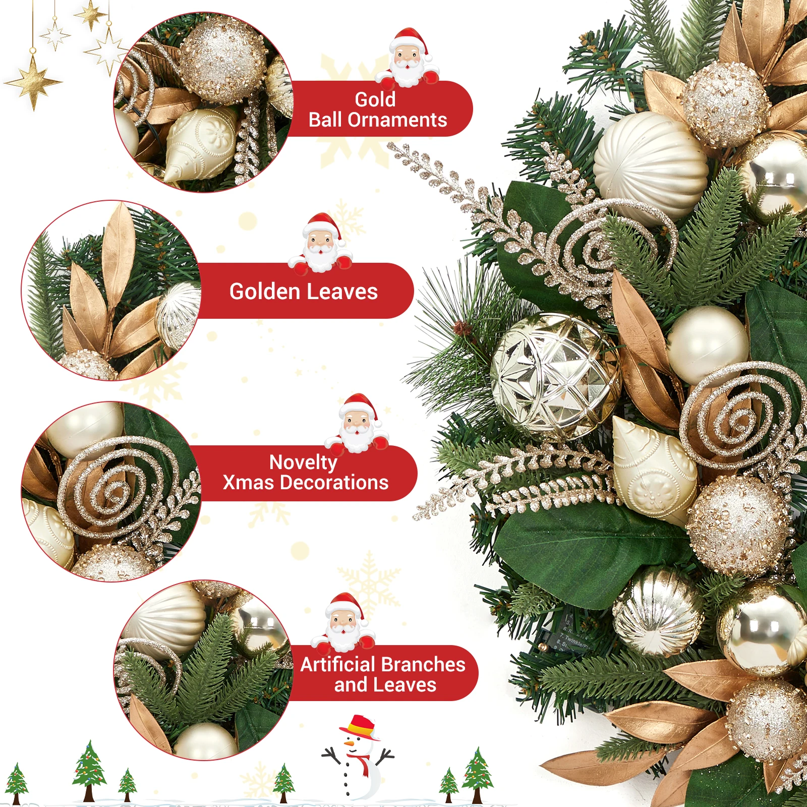 Pre-Lit Christmas Garland 6FT – 20 Warm White LED Lights – Artificial Pine with Gold Leaves & Ball Ornaments – Battery Powered, Waterproof – Indoor Outdoor Holiday Decoration for Mantle, Fireplace, Door, Stairs – Christmas Decor - view 6