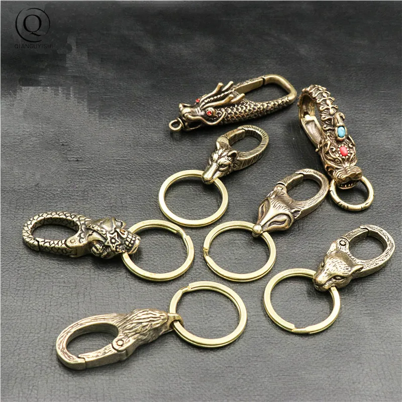 Copper Dragon Head Keychain Antique Craft Key Chains Lobster Clasps Keyring Waist Buckle Brass Metal Vintage Car Key Holder Gift