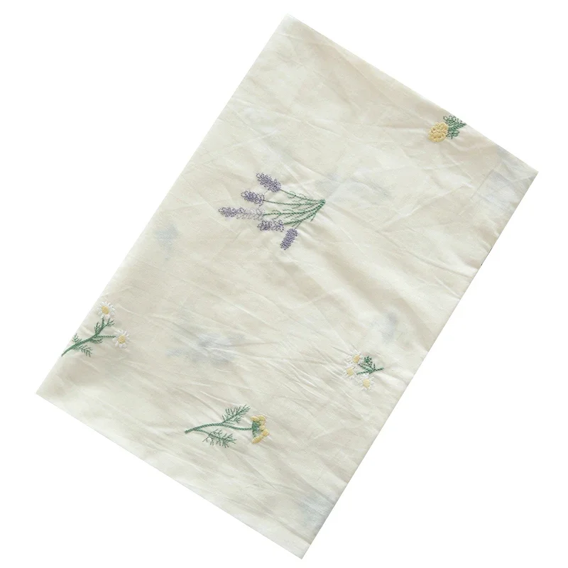 Beige Pastoral Lavender Embroidery Pure Cotton Fabric DIY Handmade Clothes Dress By the meter