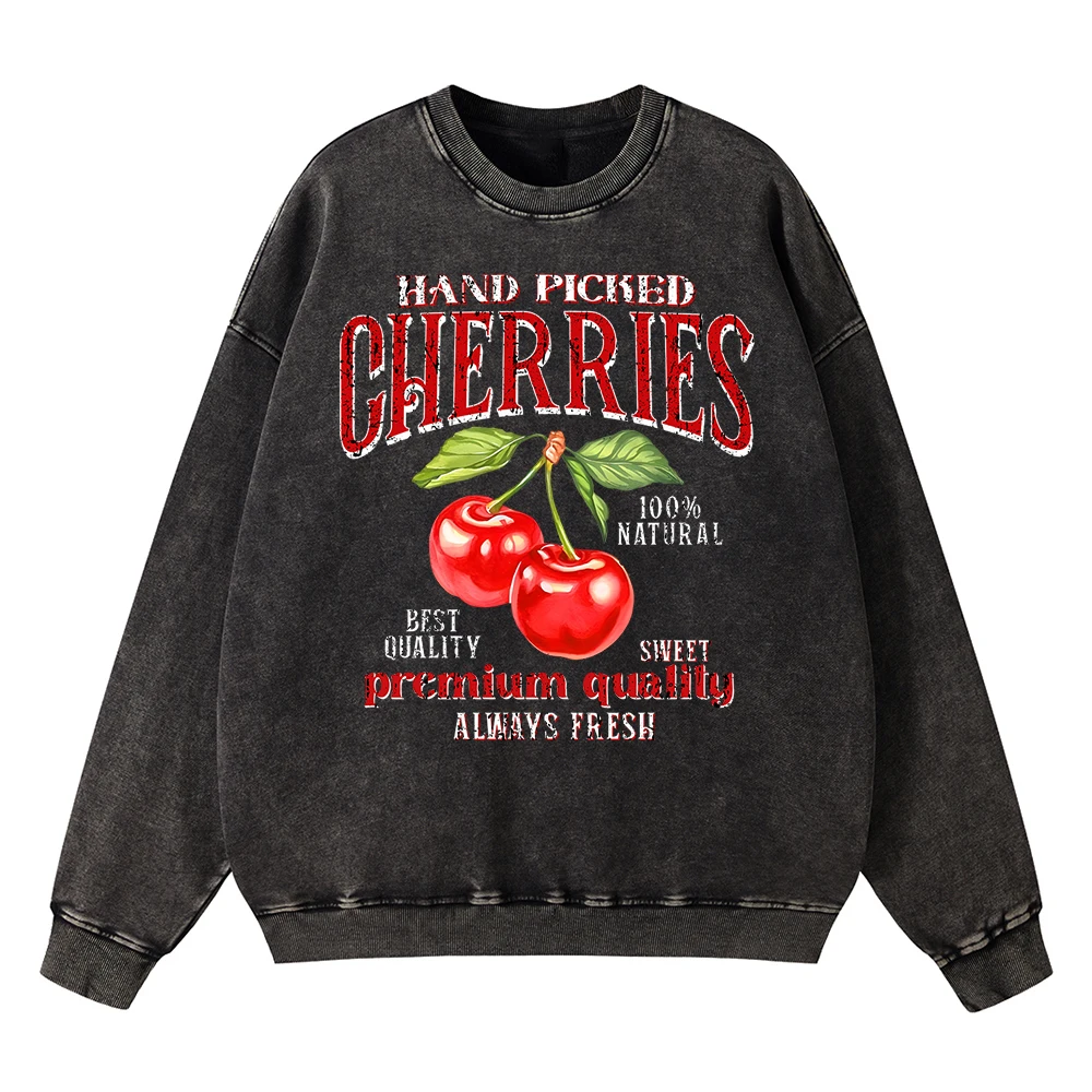 

Vintage Distressed Washing Hand Picked Cherries Men Sweatshirt Oversized Hoodies Creativity Sportswears Casual Cotton Hoodie