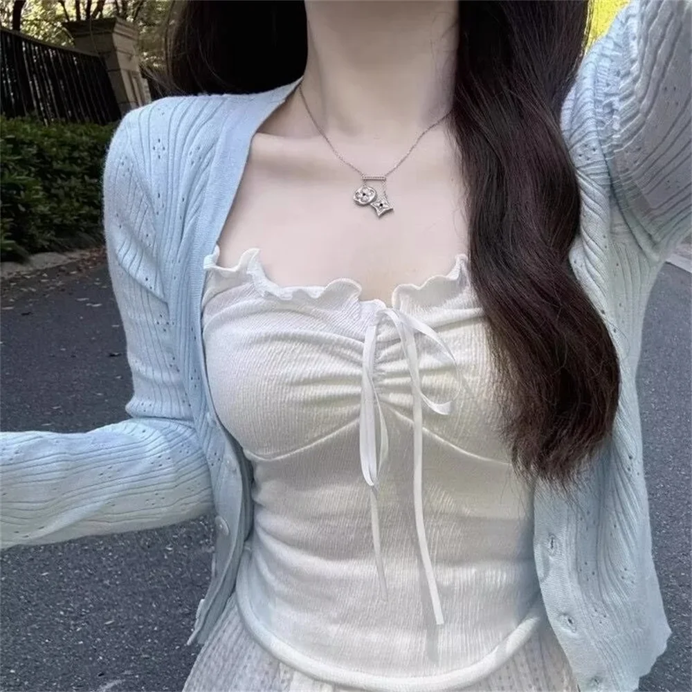 Thin Short Cardigans Sunscreen Spring Autumn Hollow Out Woman Sweaters Korean Fashion Casual Long Sleeve Top Cropped Cardigan