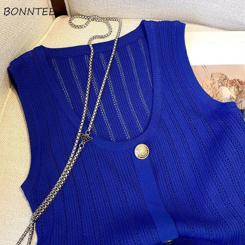 

Синие вязаные майки для женщин, мягкие летние укороченные топы без рукавов для отдыха, сексуальные универсальные топы во французском стиле, винтажные офисные женские топы с круглым вырезом