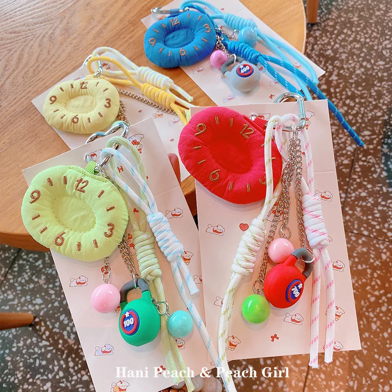 Creative Flocking Filled Cotton Embroidered Clock Keychain Cartoon Dumbbell Backpack Pendant Hand-woven Rope Accessories Keyring