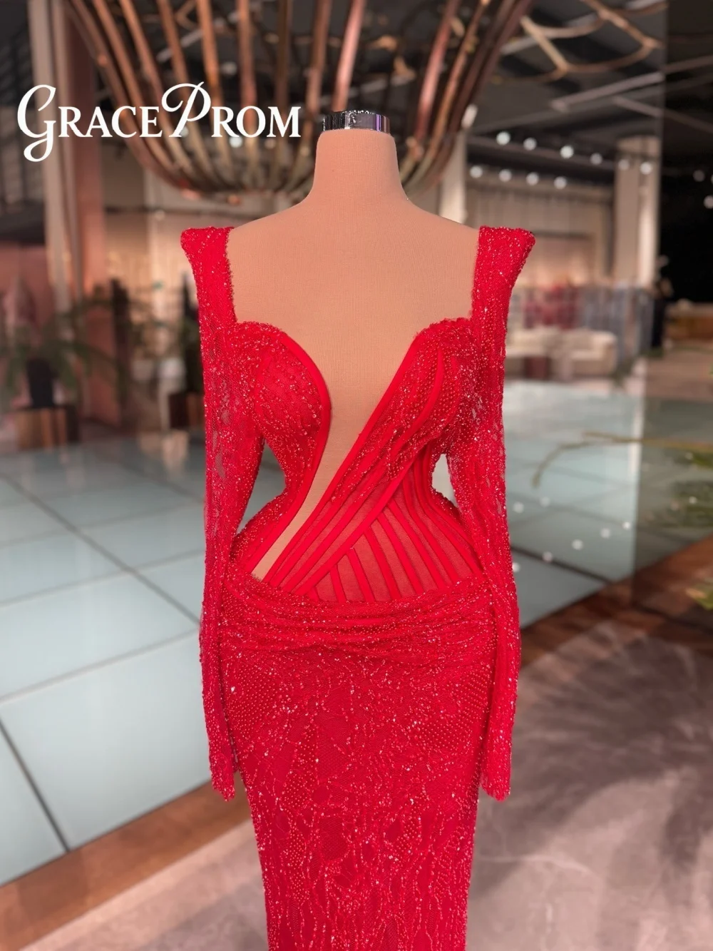 

GraceProm Elegant Red Evening Dress 2026 Stylish Crystal Sheer Bodice Carpet Gown Trendy Floor-Length Party Gown robes de soirée
