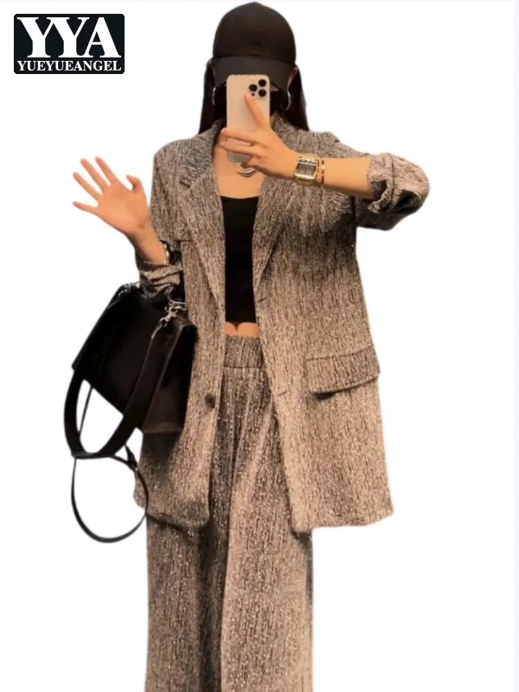 Office Ladies Diamond Blazers Pant Outfits Loose Single-Breasted Suit Jacket Sets Elastic Waist Full Length Pants Two-Piece Set