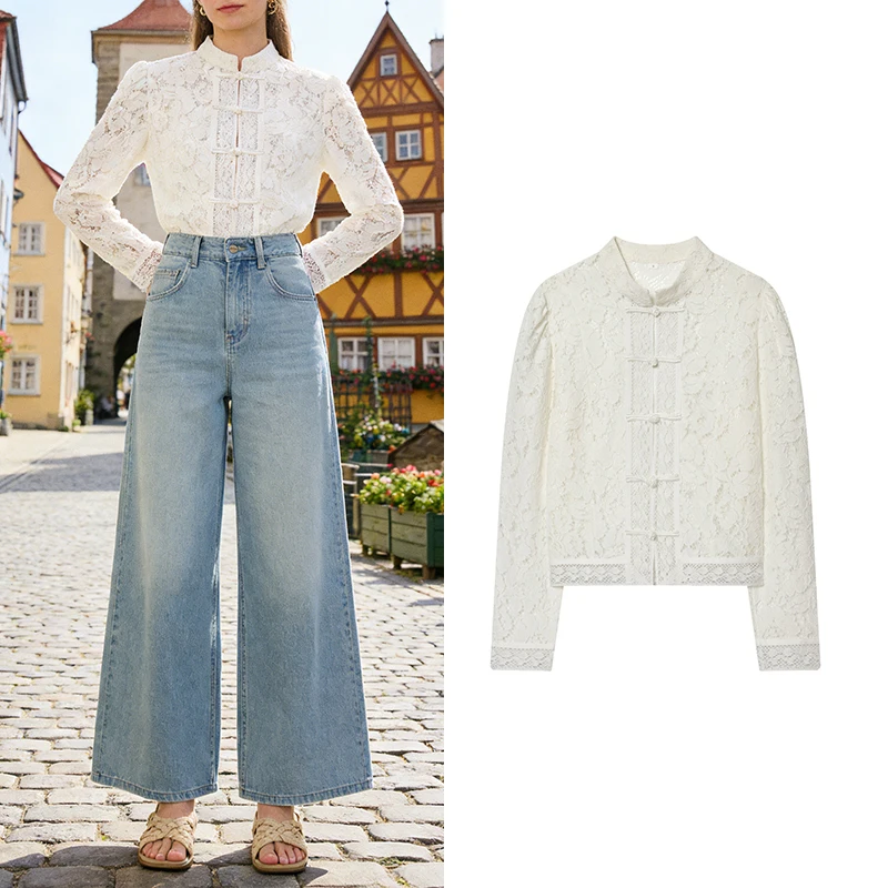 

Women's Ivory Lace Mandarin Collar Blouse - Chinese Knot Button Long Sleeve Elegant Top