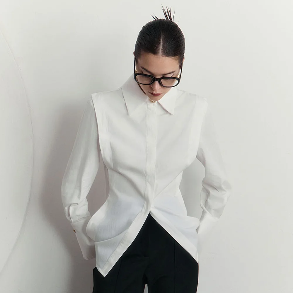 قميص بسيط من القطن الأبيض بأكمام طويلة للربيع والصيف للنساء، قميص كاجوال ناعم للمكتب بزاوية قائمة
