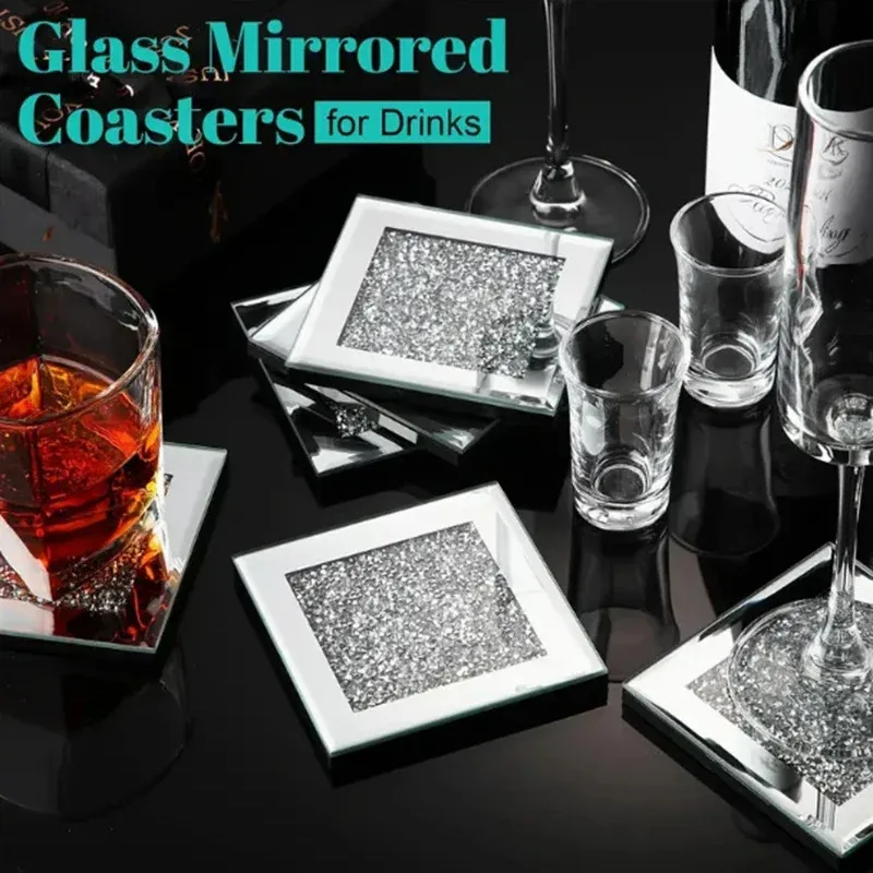 Creative glass mirror base, coasters, square and round placemats, silver luxury wine coasters, coffee cup decorations