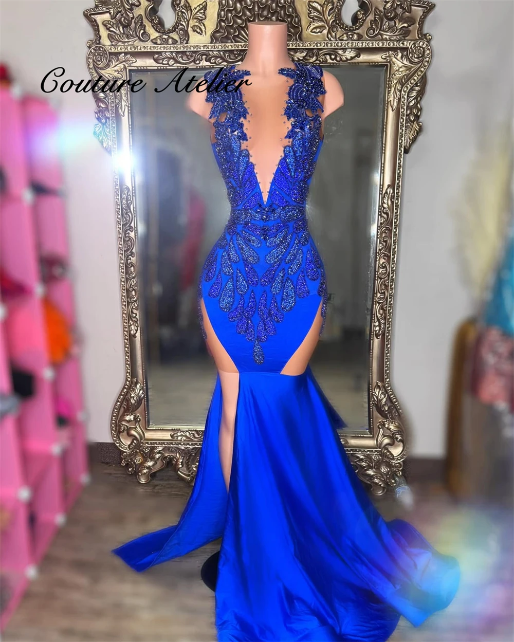 King Blue Silt Rhinestone Prom Dress For Black Girl Sexy Elegant Graduation Dress African Wedding Gowns robe de bal Customized