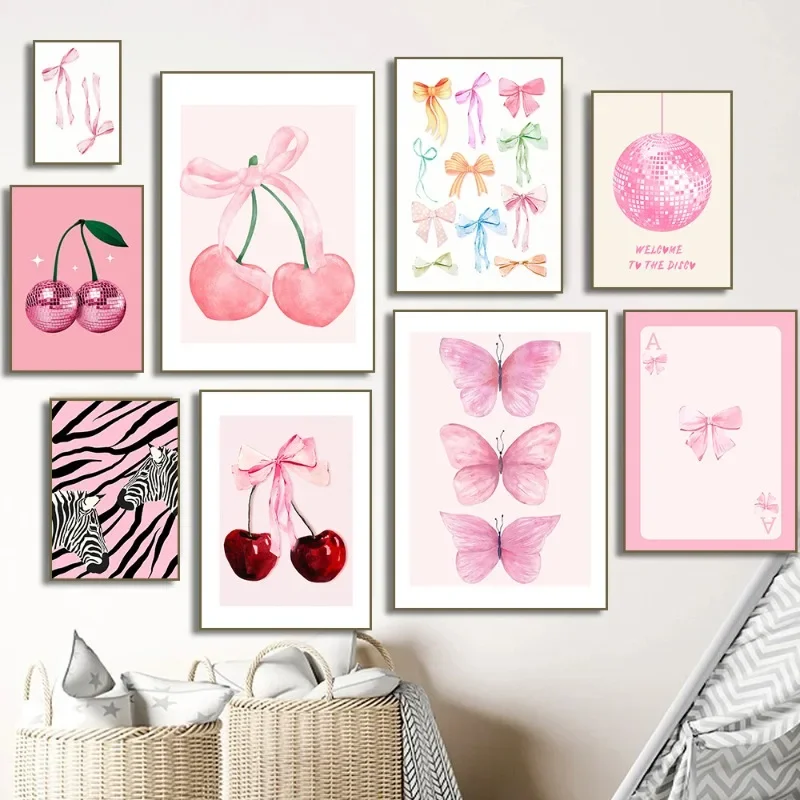 Pintura en lienzo de lazos rosas de acuarela a la moda, arte de pared, bola de discoteca de cereza, póster de cebra, impresión Preppy Girl Room, decoración del hogar, Cuadros