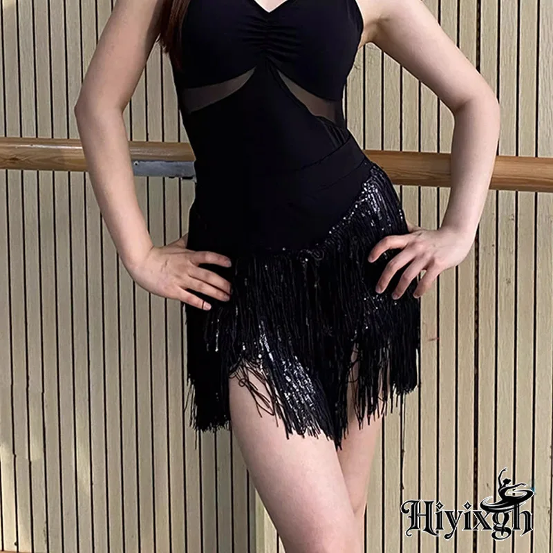 Women's Latin Dance Costume Halter Top Skirt with Fringe for Performance Practice