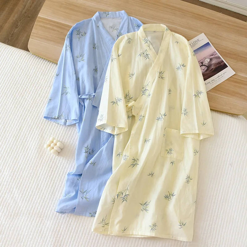 Spring And Summer Style Kimono Nightgown For Men And Women 100%Cotton Gauze Thin Loose Steamed Bathrobe Couple Robe Home Service