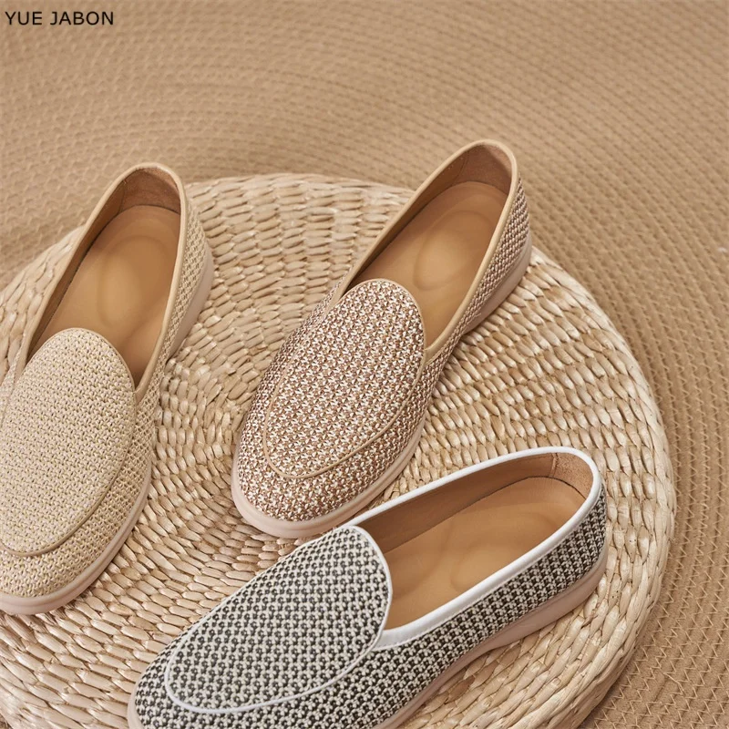 

Men's Summer Breathable Woven Loafers Shallow Mouth Flat Slip-On Genuine Leather Shoes Soft Sole Comfortable Commuter Lazy Shoes