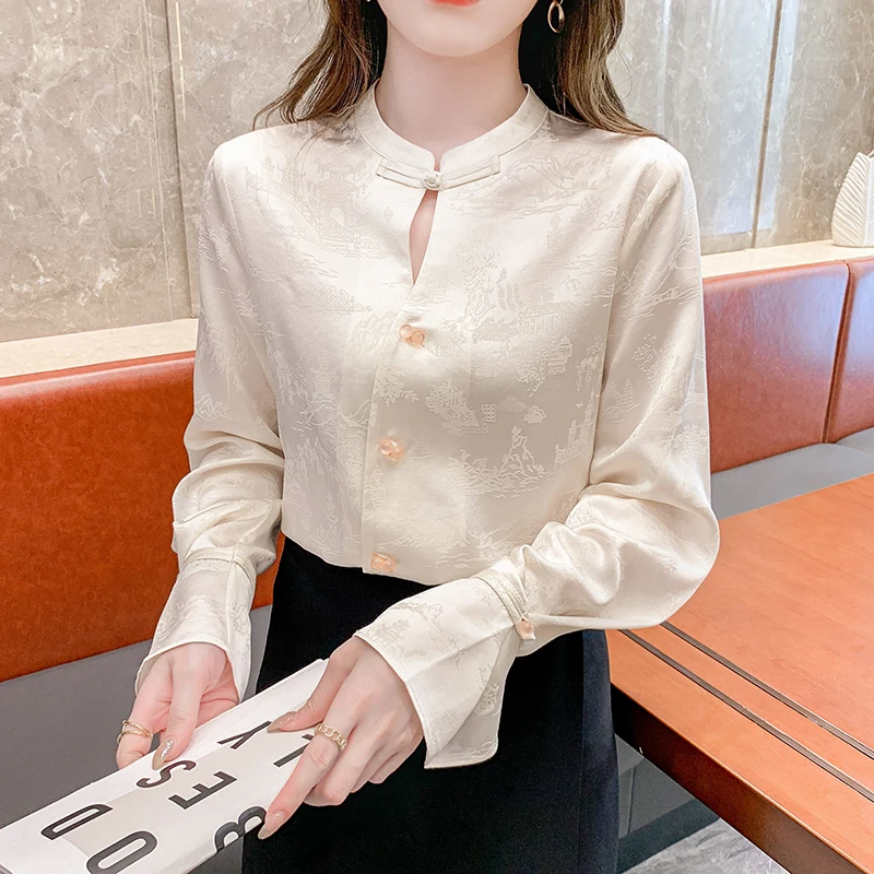 QOERLIN Chinese New Style Acetate Satin Shirts Women Spring Fall Quality Disc Button Jacquard Top Blouse Flare Long Sleeve Shirt