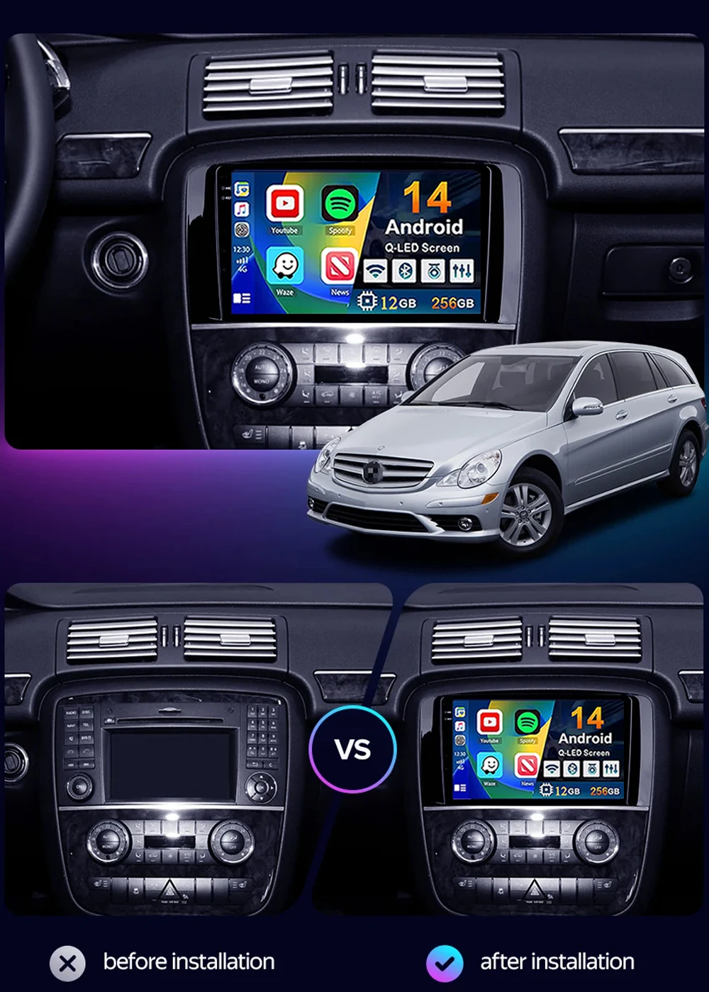 GPS 4G Android 16 CarPlay For Mercedes Benz R-Class R Class W251 R280 R300 R320 2005 - 2017 2K 12+256 Car Radio Multimedia Video