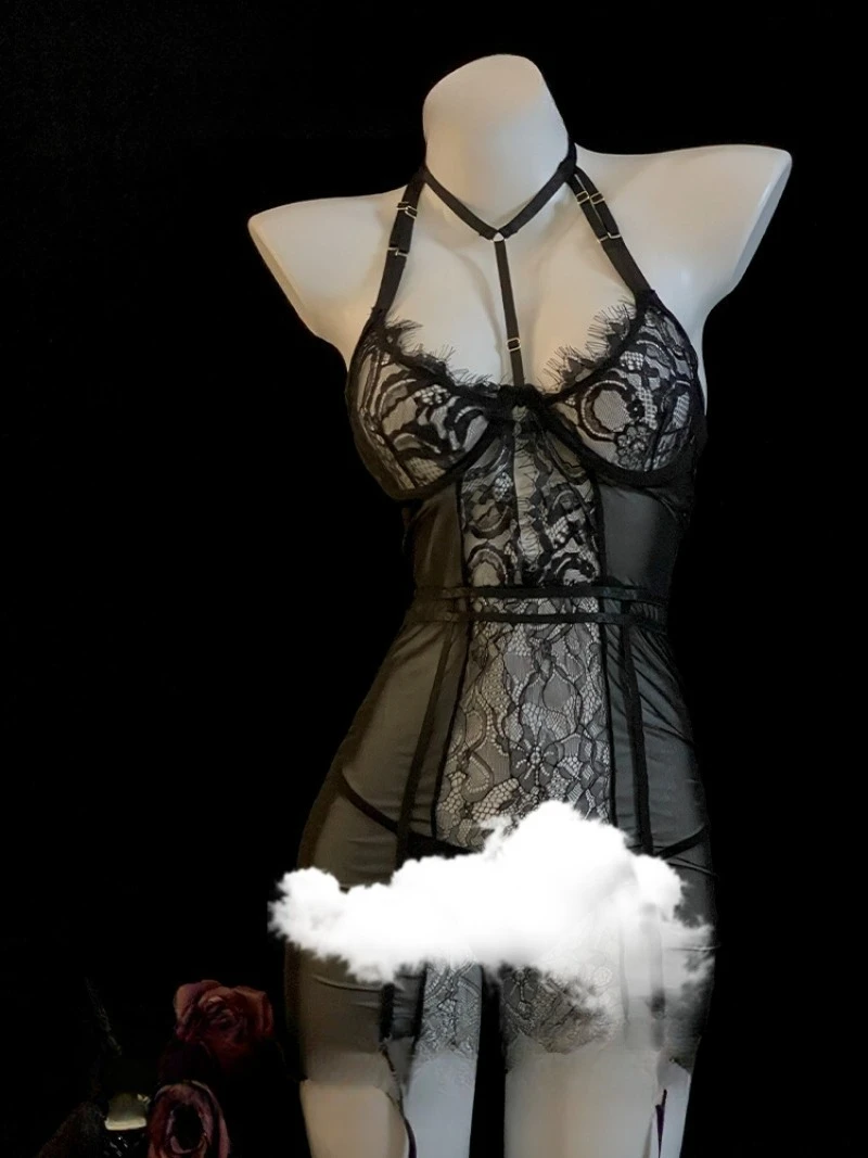 

French Style Black Silk Pajamas Women,Lace Strappy Lingerie Set,Sexy Ascetic Uniform,Pure Desire Nightwear,Elegant Mesh Babydoll