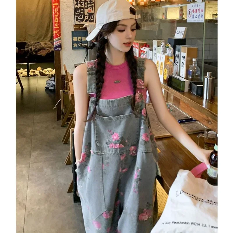 2025 Spring Summer Vintage Print Denim Overalls Women Fashion Loose Wide Leg Pants Lady Trendy Jeans Trousers Streetwear Female