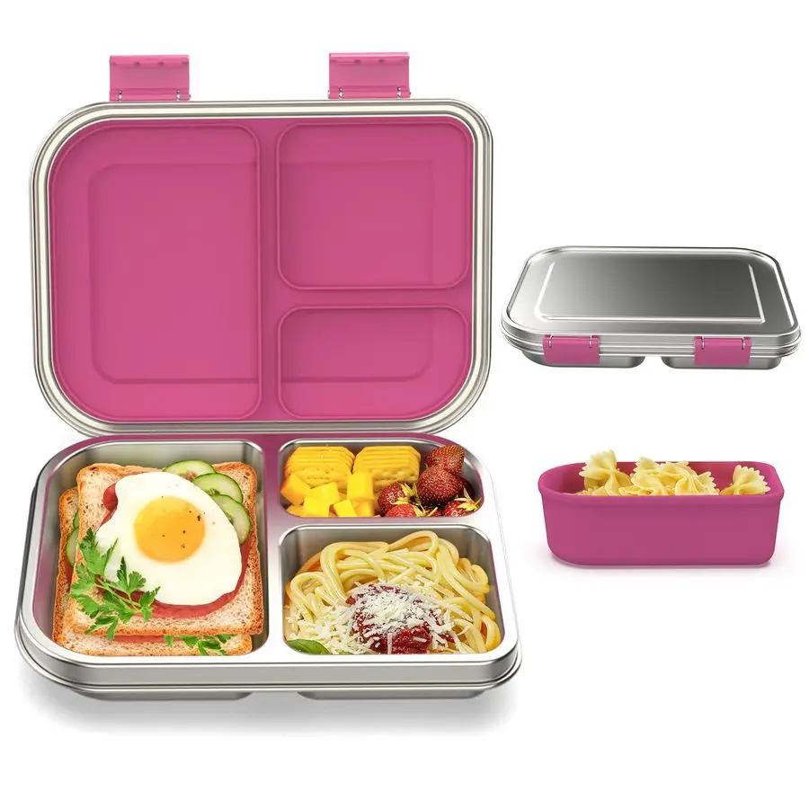 

Steel Bento Box Kids, 3 Compartments Leak Proof Metal Bento Lunch Box, 304 Stainless Steel Bento Lunch Containers for School and