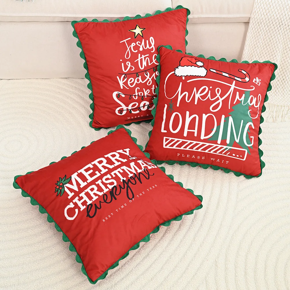 

Christmas Letter Print Cushion Cover Red Velvet Pillow Case with Green Wave Edge Soft Festive Home Decor for Xmas New Year Party