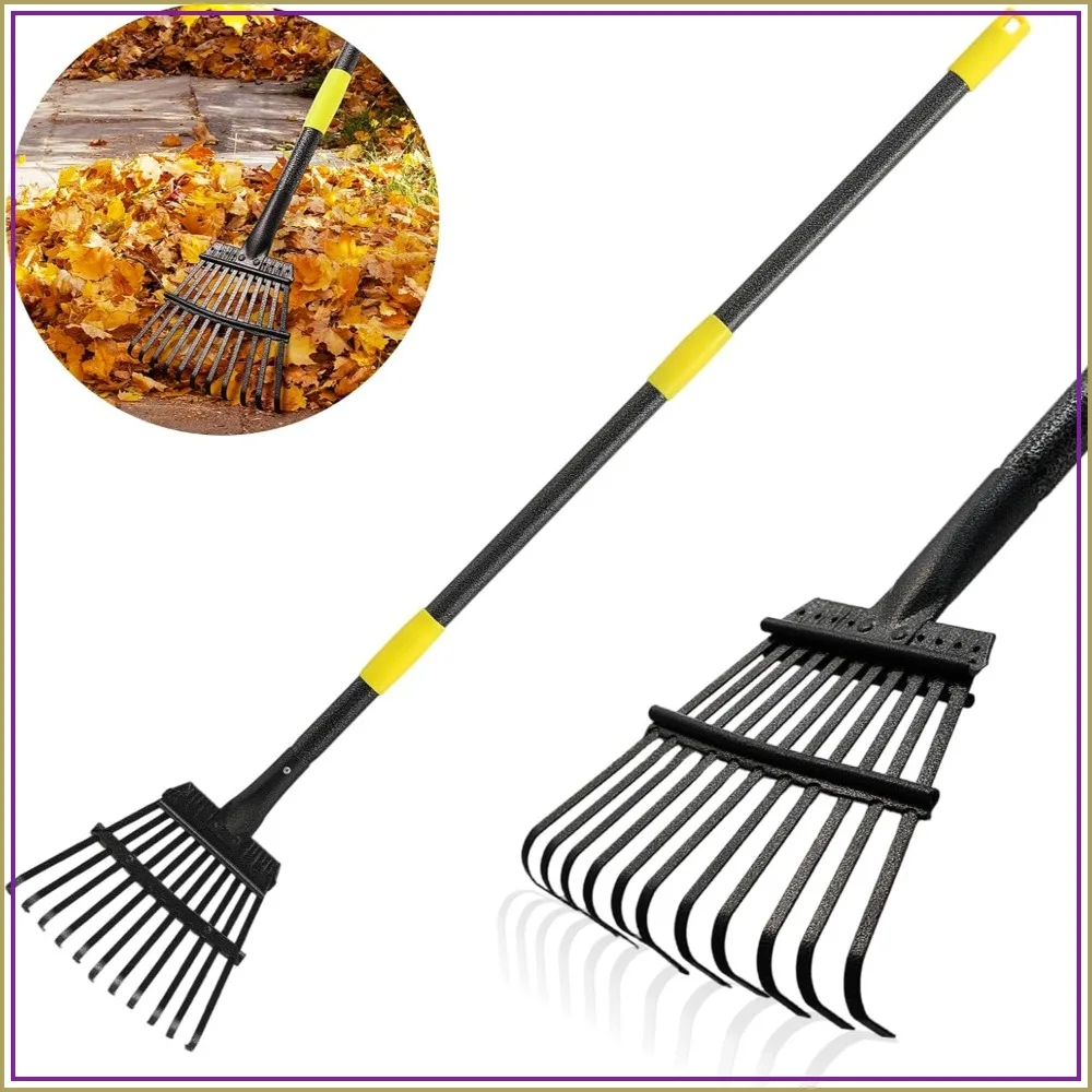 Adjustable Leaf Rake 30"-60" Long Handle, 11 Tines 8.5" Wide, Heavy Duty Metal for Lawn, Garden, Yard, Camping, Shrub, Grass, Weed, Debris