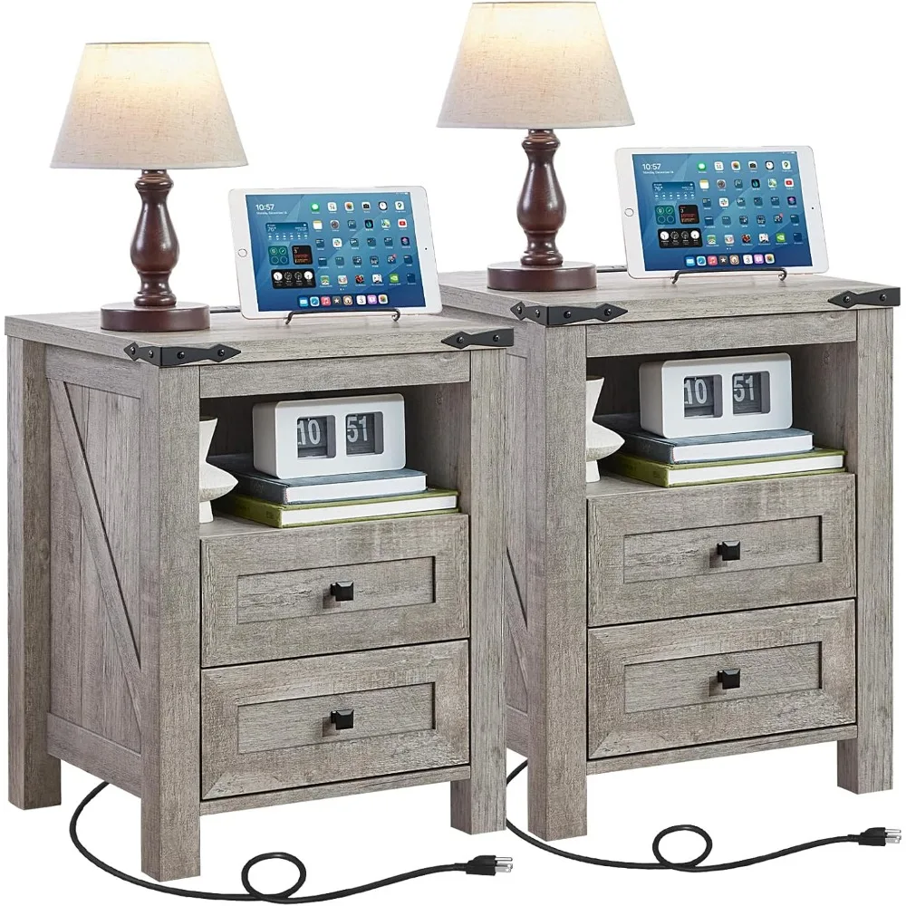 

Nightstands Set of 2 with Charging Station, Farmhouse Night Stand with 2 Drawers and Shelf Storage, Wooden Side End Table, Bedsi