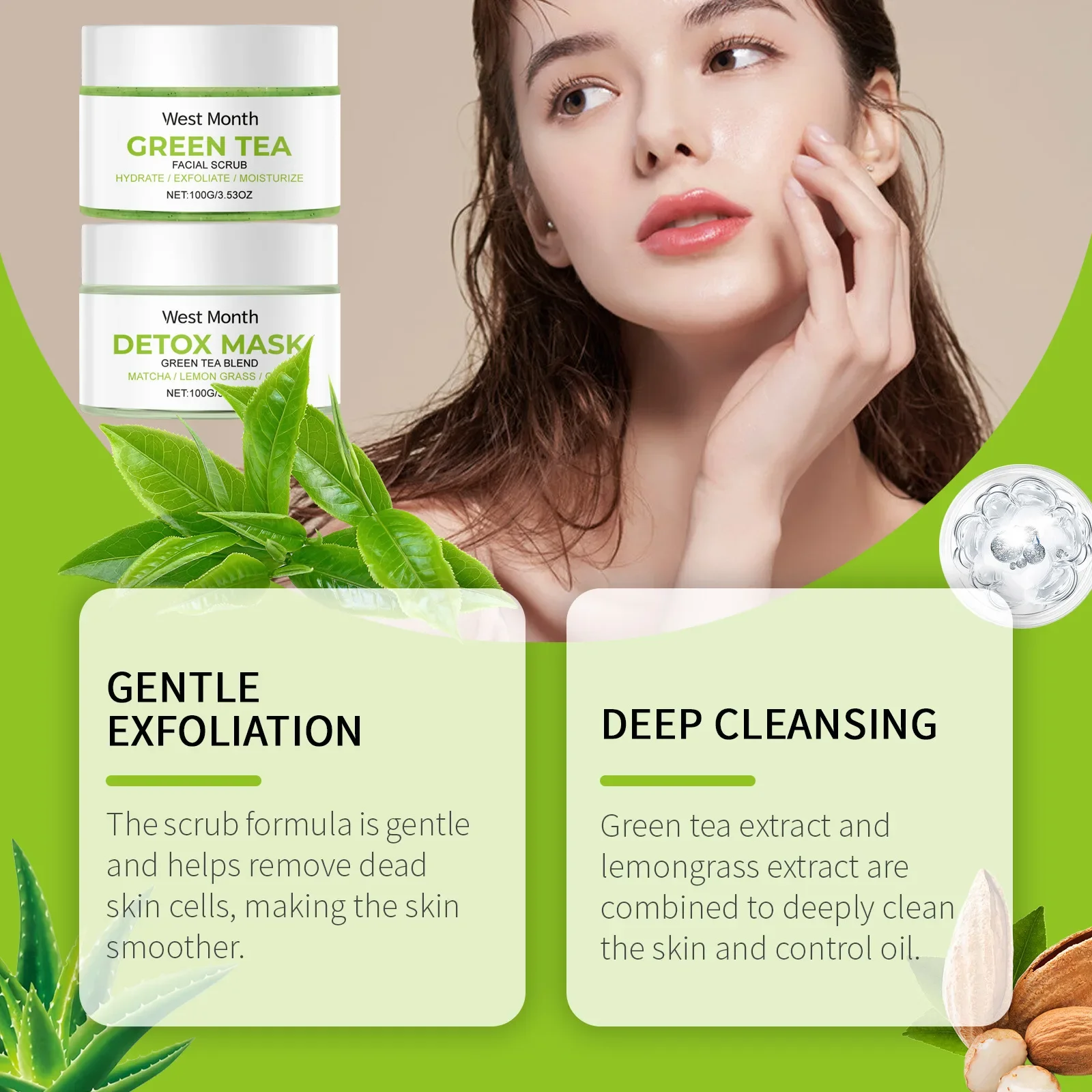 West Month Green Tea Cleansing Set Cleanses Skin Balances Oil Hydrates Tender and Refreshing Oil Control Set Enhances Skin Glow