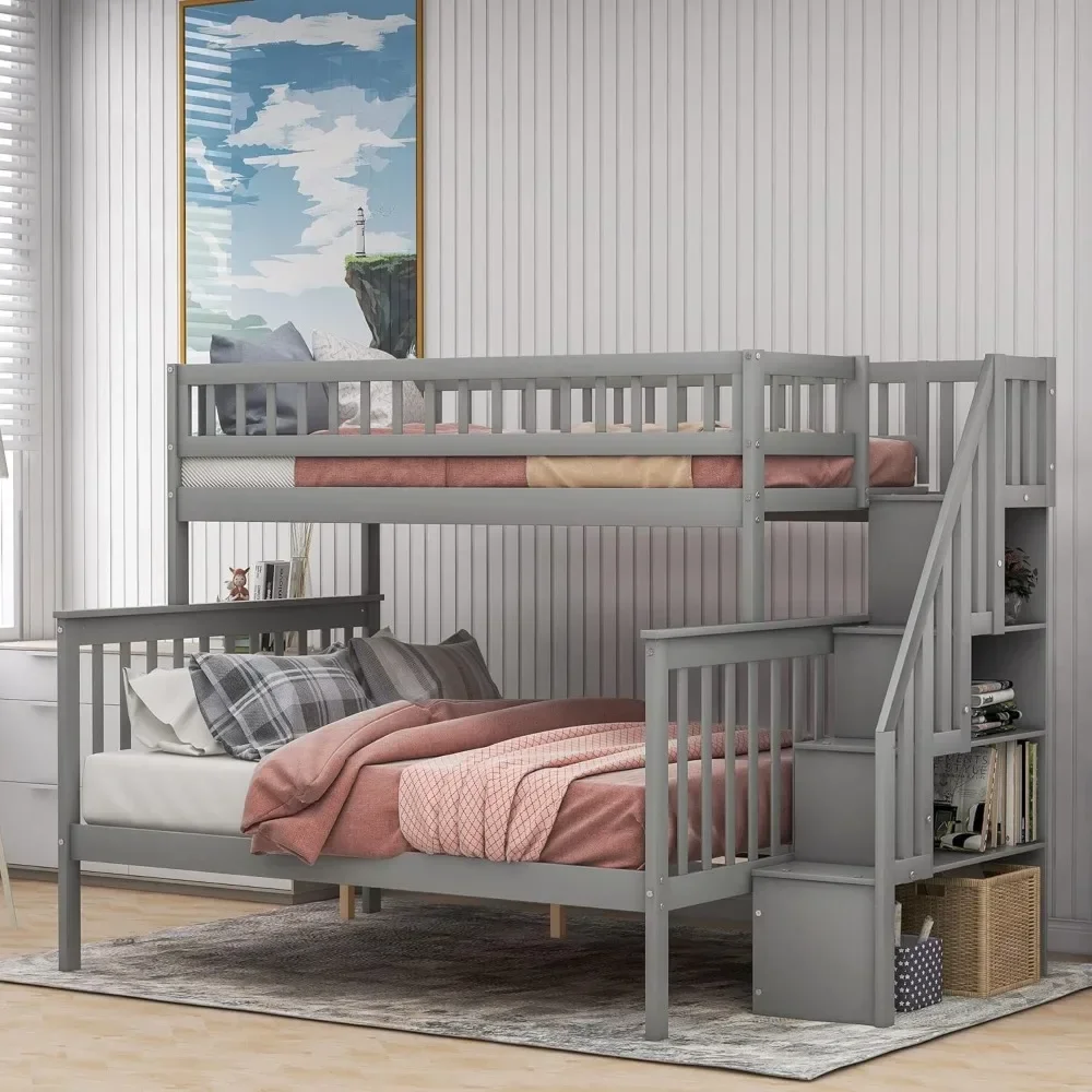 Bunk Beds,with Stairs,with Storage and Guard Rails,Bunks Beds Twin Over Full Size for Kids, Bedroom,Teens, Adults, Wood Bunk Bed